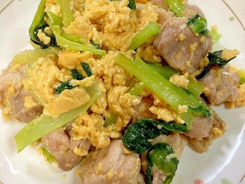 【簡単】小松菜と鶏もも肉のオイスター卵炒め